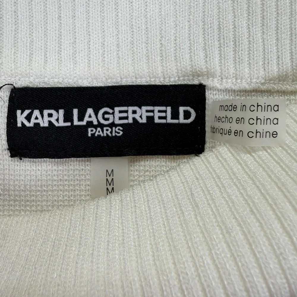 Karl Lagerfeld Sweater Womens M White Black Striped Button‎ Shoulder Knit